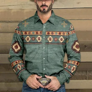 Men's retro geometric print long sleeve button down casual shirt for stylish everyday wear.