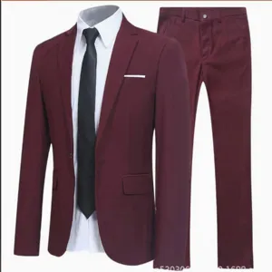 Men's Slim Fit Burgundy Suit Two-Piece Set Business Wedding Tuxedo Jacket and Trousers