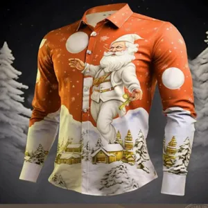 Camisa de hombre de manga larga con estampado 3D de Santa Claus para fiesta de invierno.