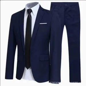 Men slim fit navy blue suit set with white shirt and black tie for business wear and formal events.