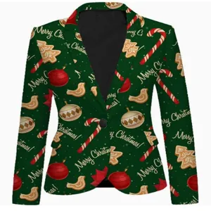 Detailed view of the green Christmas print blazer, featuring festive holiday fabric patterns.