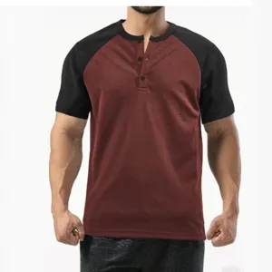 Men's color-block short sleeve Henley shirt, casual summer athletic top with buttons.