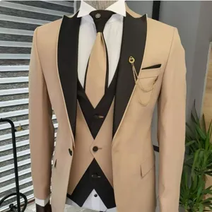 Men's slim fit wedding suit detail view, classic beige blazer with black lapel and vest set.