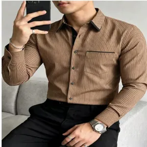 Men's long sleeve striped casual shirt with contrast lapel and pocket for spring autumn fashion.