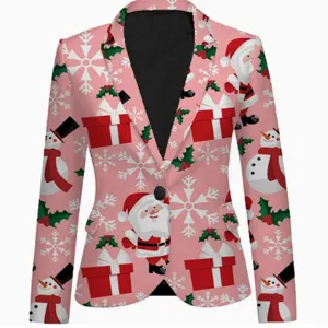 Christmas print blazer jacket for men and women, festive pink suit top for autumn and spring.
