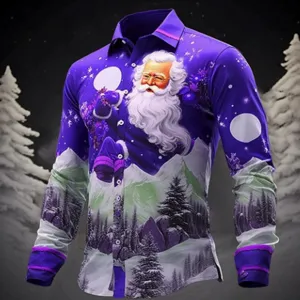Vista detallada de la camisa de hombre de manga larga con Papá Noel 3D en morado.