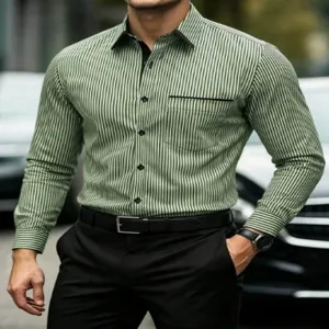Close-up detail of men's green and white striped long sleeve casual shirt with black lapel.