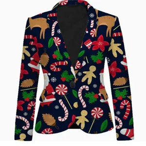 Christmas print blazer detail, festive unisex suit jacket with holiday elements for party.