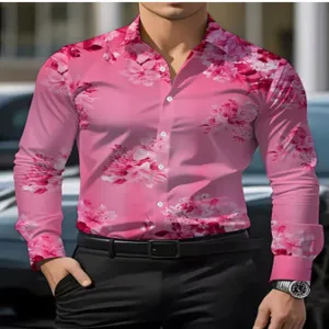 Detail of men's pink floral long sleeve shirt with 3D print, slim fit button up design.