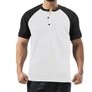 Men's short sleeve color block Henley shirt casual slim fit athletic tee top summer fashion.