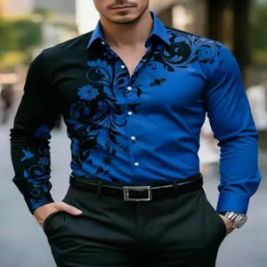 Close-up detail of the men's vintage 3D floral printed long sleeve button-down shirt style.