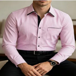 Men's long sleeve striped casual shirt detail view featuring contrast collar trim.
