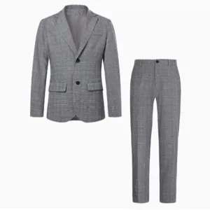 Men's grey plaid two-piece slim fit business suit, elegant blazer and matching trousers.
