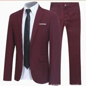 Men's elegant wine red slim fit business suit set featuring jacket and matching trousers.