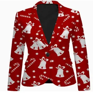 Christmas print detail showing red blazer fabric with white bells, candy canes and stars pattern.