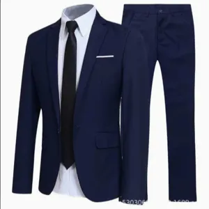 Men's Navy Blue Slim Fit Business Suit Set Formal Two-Piece Blazer And Trouser Set