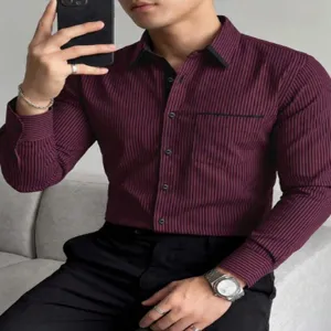 Men's long sleeve striped casual shirt with lapel collar and chest pocket for daily wear.