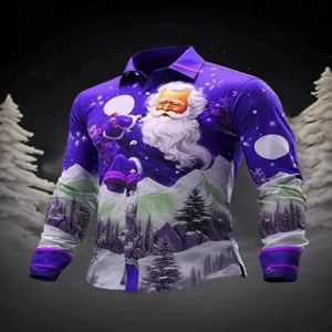 Camisa de Navidad de Manga Larga para Hombre Papá Noel Impresión Digital Casual Solapa Botonadura Poliéster Urban Holiday Party Top