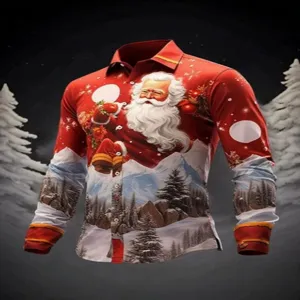 Camisa de manga larga de navidad para hombre con estampado 3d papá noel fiesta invierno