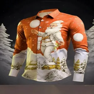 Hombres Camisa Manga Larga Navidad 3D Santa Claus Estampado Botón Top De Fiesta Moda