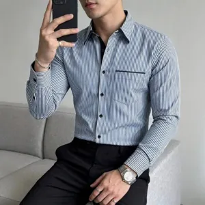 Men casual striped long sleeve shirt with contrast collar business fashion slim fit top.