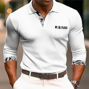 Men's long sleeve polo shirt featuring contrasting paisley print details on collar, cuffs and pocket.