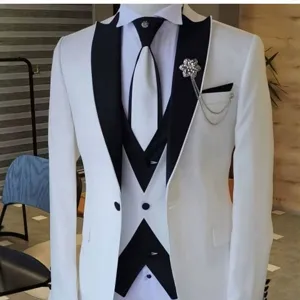 Men's slim fit three-piece suit set with black lapel jacket, vest and tie for wedding.