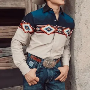 Men's long sleeve western shirt vintage geometric print slim fit button down casual shirt