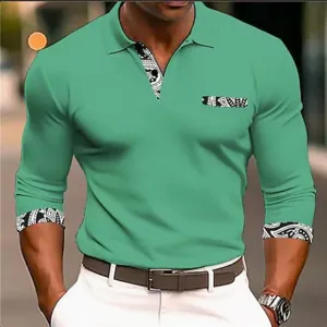 Detail view of mens long sleeve polo shirt, green top with printed contrast collar and cuffs.