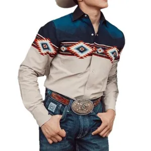 Men's western long sleeve button down shirt with retro geometric aztec print patchwork top