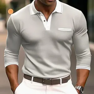 Men's long sleeve polo shirt detail, contrast white lapel collar and cuffs, casual slim fit top.
