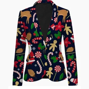 Festive Christmas print blazer jacket for men and women, stylish holiday outerwear.