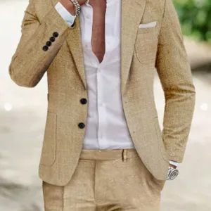 Ensemble de costume en lin kaki pour homme deux pièces veste et pantalon style élégant.