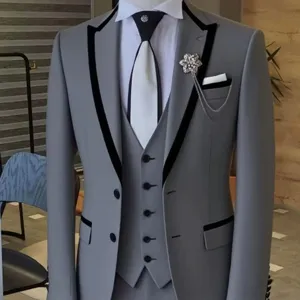 Men grey three-piece slim fit suit wedding tuxedo with black lapel and vest for formal events