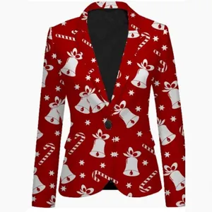 Christmas print blazer for men and women, festive red suit jacket with holiday pattern.