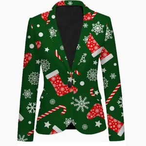Christmas printed blazer for men and women, stylish holiday festival party suit jacket top.