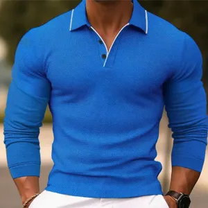 Men's long sleeve polo shirt slim fit casual lapel button top solid color autumn winter apparel