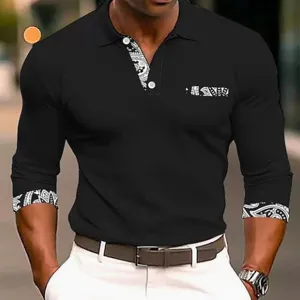 Long sleeve polo shirt detail featuring contrast paisley print cuffs and chest pocket design.