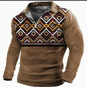 Mens long sleeve polo shirt with ethnic geometric print, zipper collar and stylish casual design.