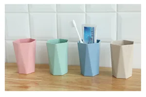 Wheat straw geometric toothbrush cup detail, multi-color modern bathroom washing cup set.