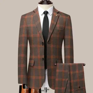 Men Business Suit Set Slim Fit Plaid Blazer And Pants Smart Casual Color Block Formal Suit For Office Wedding Party