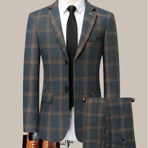 Men's plaid suit set slim fit light business blazer and trousers for daily wear styling.