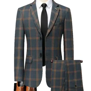 Men's plaid suit set smart casual slim fit two-piece blazer and trousers main image.