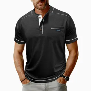 Maglietta Henley da Uomo in Poliestere a Manica Corta Con Bordo a Contrasto Tasca sul Petto Pullover Casual Top per Estate