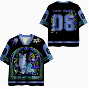 Detail view of men's black short-sleeve V-neck t-shirt with 3D cat and floral print.