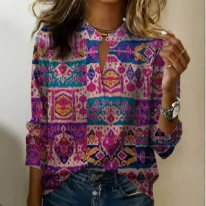 Dames casual langarm V-hals blouse met boho geometrische print voor lente en zomer.