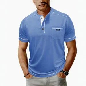 Maglietta Henley uomo manica corta con tasca, top slim casual estivo molto comodo.