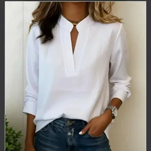 Elegante dames witte blouse met lange mouwen casual V-hals truithoes top voor lente en zomer.
