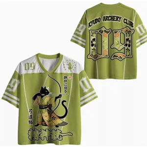 Detailed view of green 3D print t-shirt featuring Japanese cat archery graphic and numeric details.