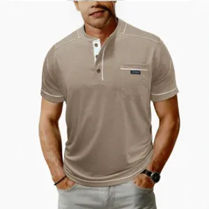 Maglietta henley manica corta uomo casual slim fit monocolor con bottone tasca